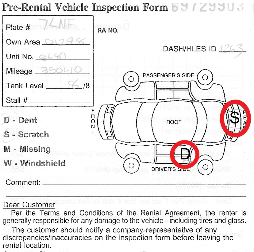 Pre-rental vehicle inspection form